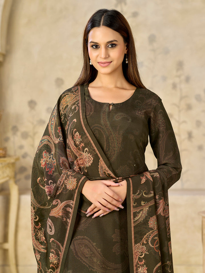 Olive Printed With Handwork Straight Kurta With Dyed Trousers And Printed Dupatta