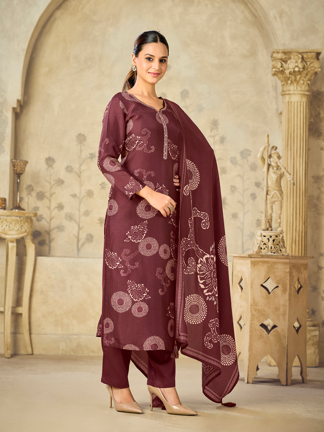 Maroon Printed With Handwork Straight Kurta With Dyed Trousers And Printed Dupatta