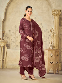 Maroon Big Flower Printed With Handwork Straight Kurta With Dyed Trousers And Big Flower Printed Dupatta