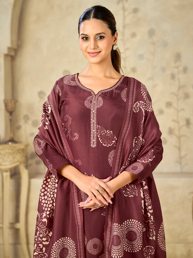 Maroon Big Flower Printed With Handwork Straight Kurta With Dyed Trousers And Big Flower Printed Dupatta