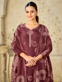 Maroon Big Flower Printed With Handwork Straight Kurta With Dyed Trousers And Big Flower Printed Dupatta