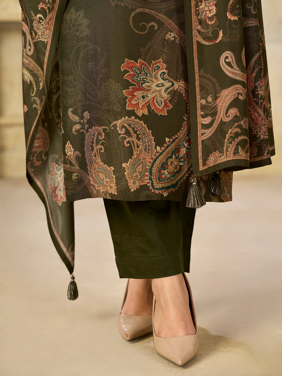 Olive Printed With Handwork Straight Kurta With Dyed Trousers And Printed Dupatta