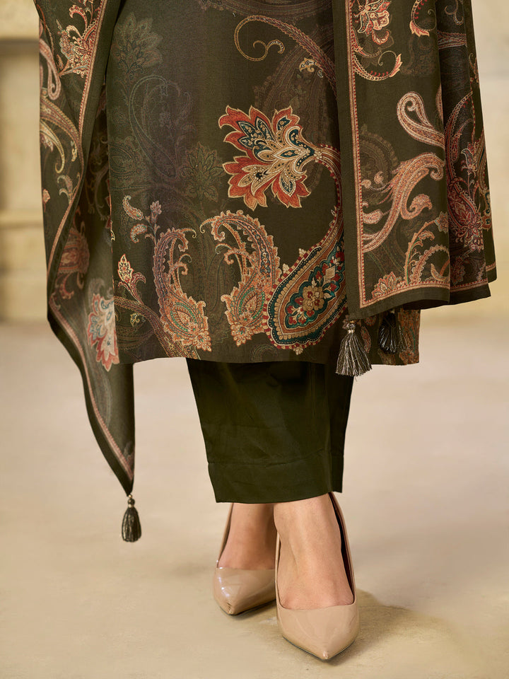 Olive Printed With Handwork Straight Kurta With Dyed Trousers And Printed Dupatta