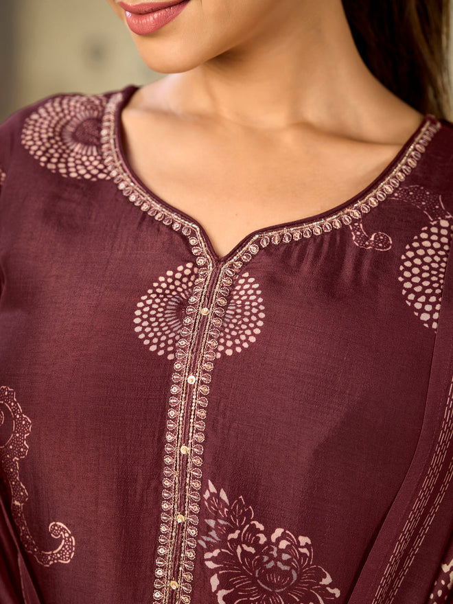 Maroon Big Flower Printed With Handwork Straight Kurta With Dyed Trousers And Big Flower Printed Dupatta