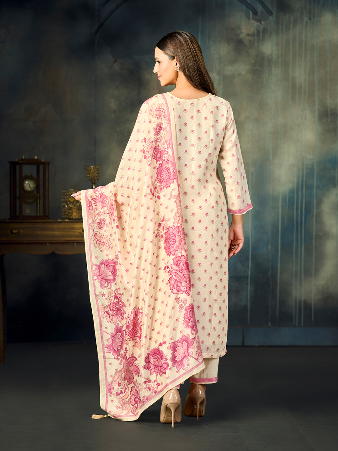 Off-White Printed With Handwork Straight Kurta With Dyed Trousers And Printed Dupatta