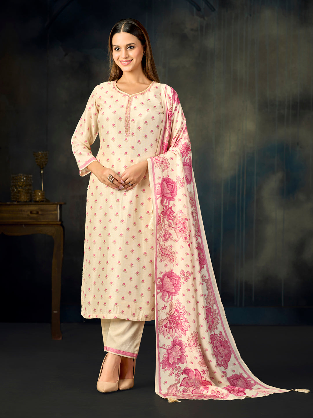 Off-White Printed With Handwork Straight Kurta With Dyed Trousers And Printed Dupatta