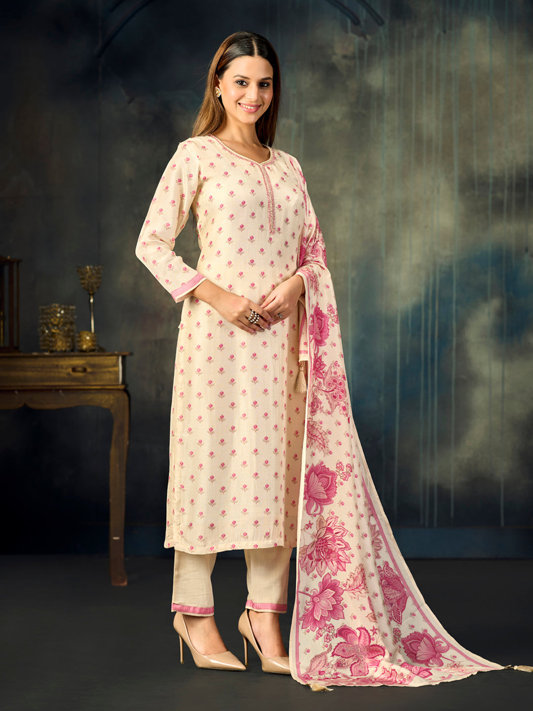 Off-White Printed With Handwork Straight Kurta With Dyed Trousers And Printed Dupatta