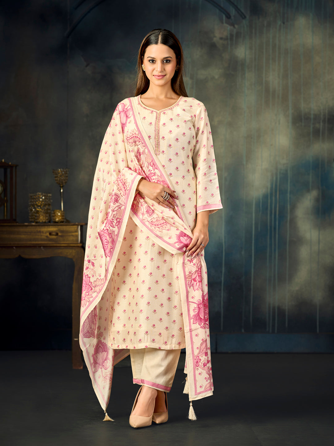 Off-White Printed With Handwork Straight Kurta With Dyed Trousers And Printed Dupatta