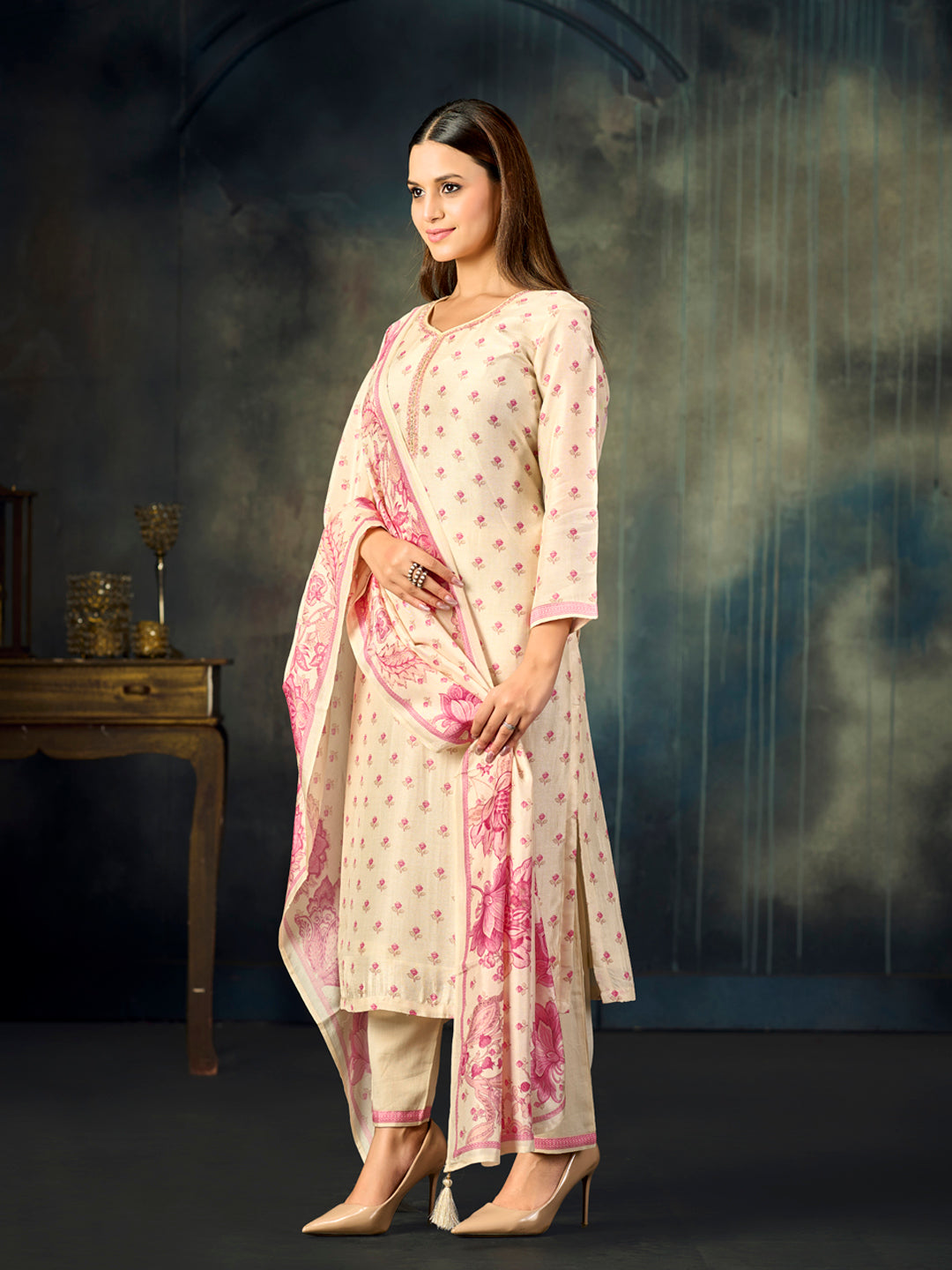 Off-White Printed With Handwork Straight Kurta With Dyed Trousers And Printed Dupatta