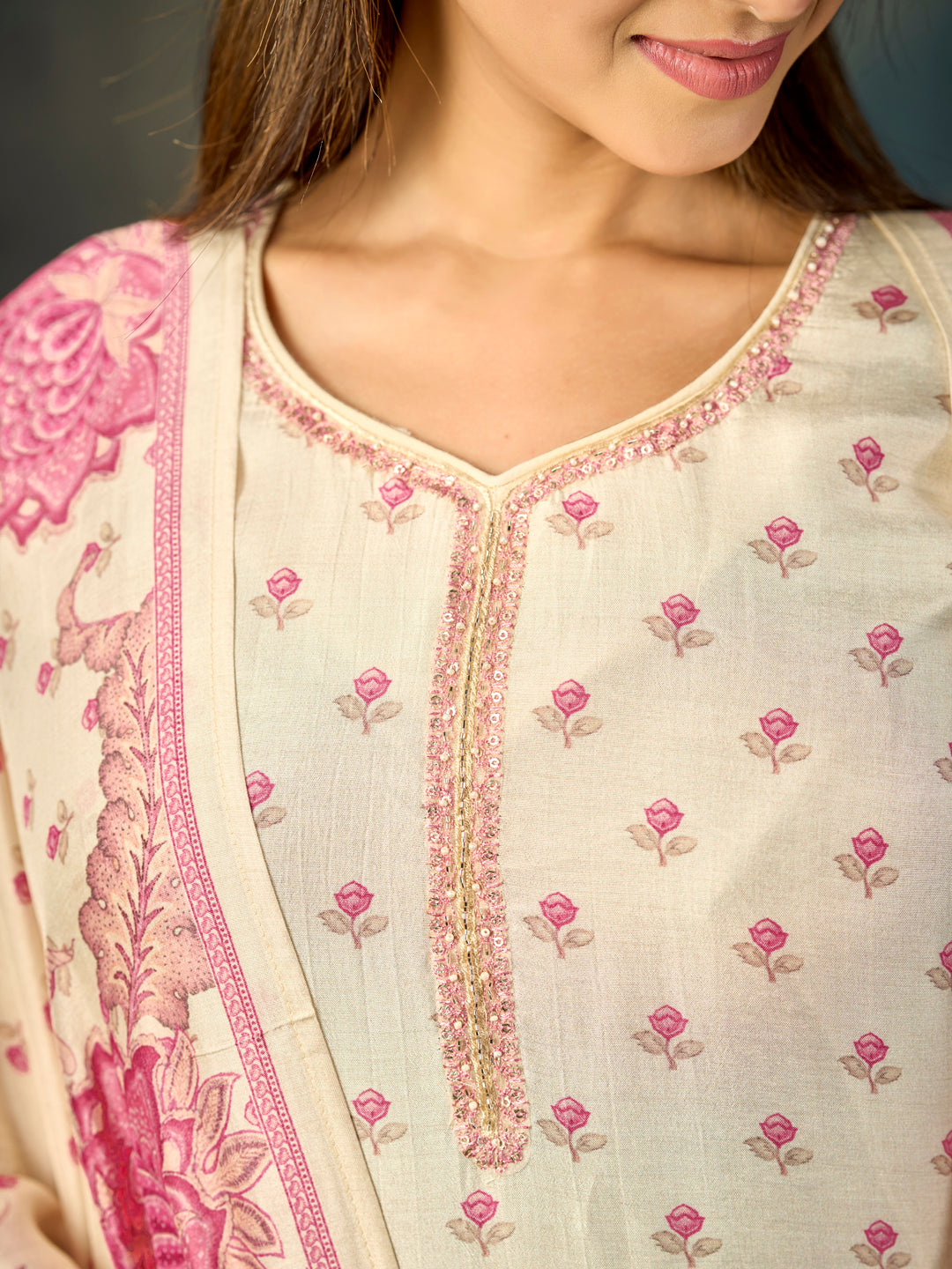 Off-White Printed With Handwork Straight Kurta With Dyed Trousers And Printed Dupatta