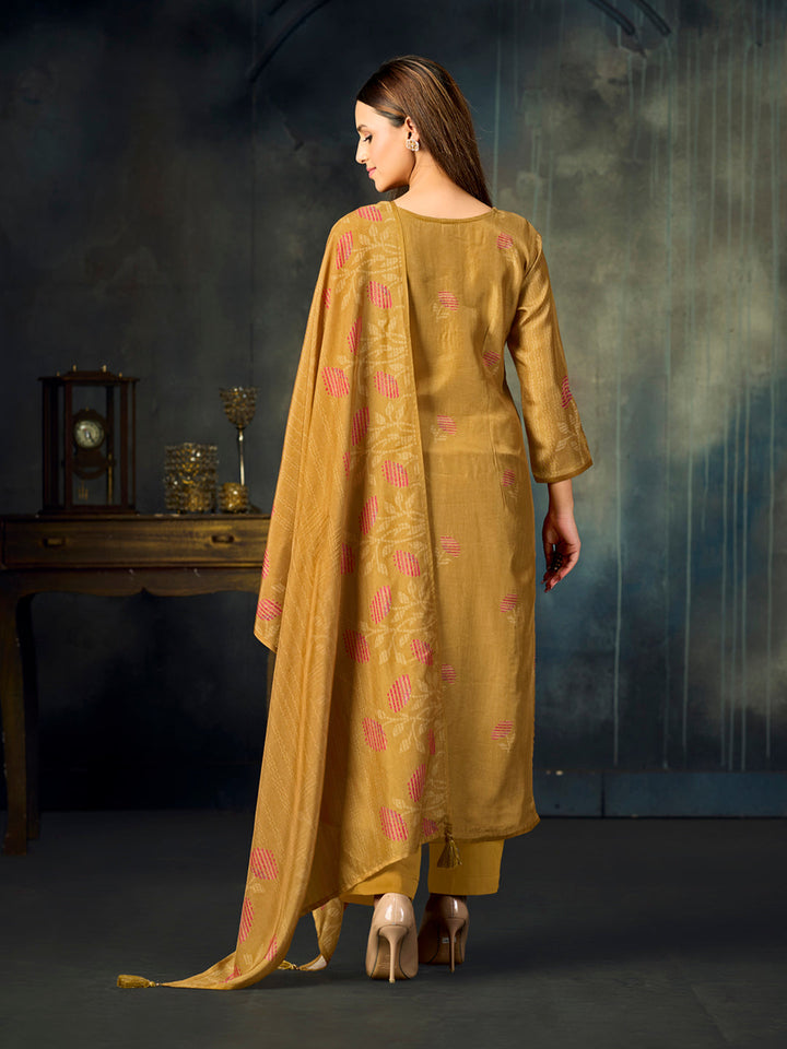 Mustard Printed With Handwork Straight Kurta With Dyed Trousers And Printed Dupatta