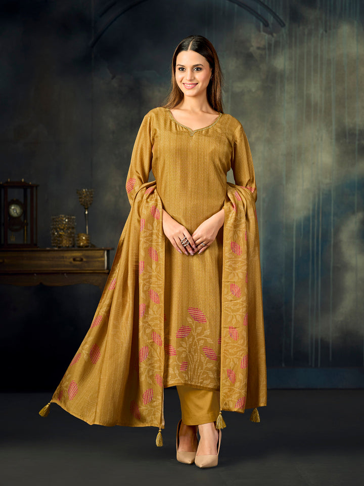 Mustard Printed With Handwork Straight Kurta With Dyed Trousers And Printed Dupatta