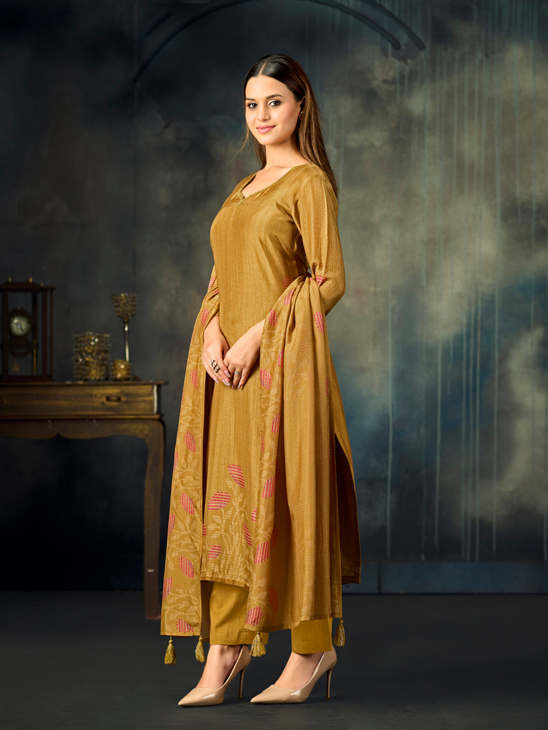Mustard Printed With Handwork Straight Kurta With Dyed Trousers And Printed Dupatta