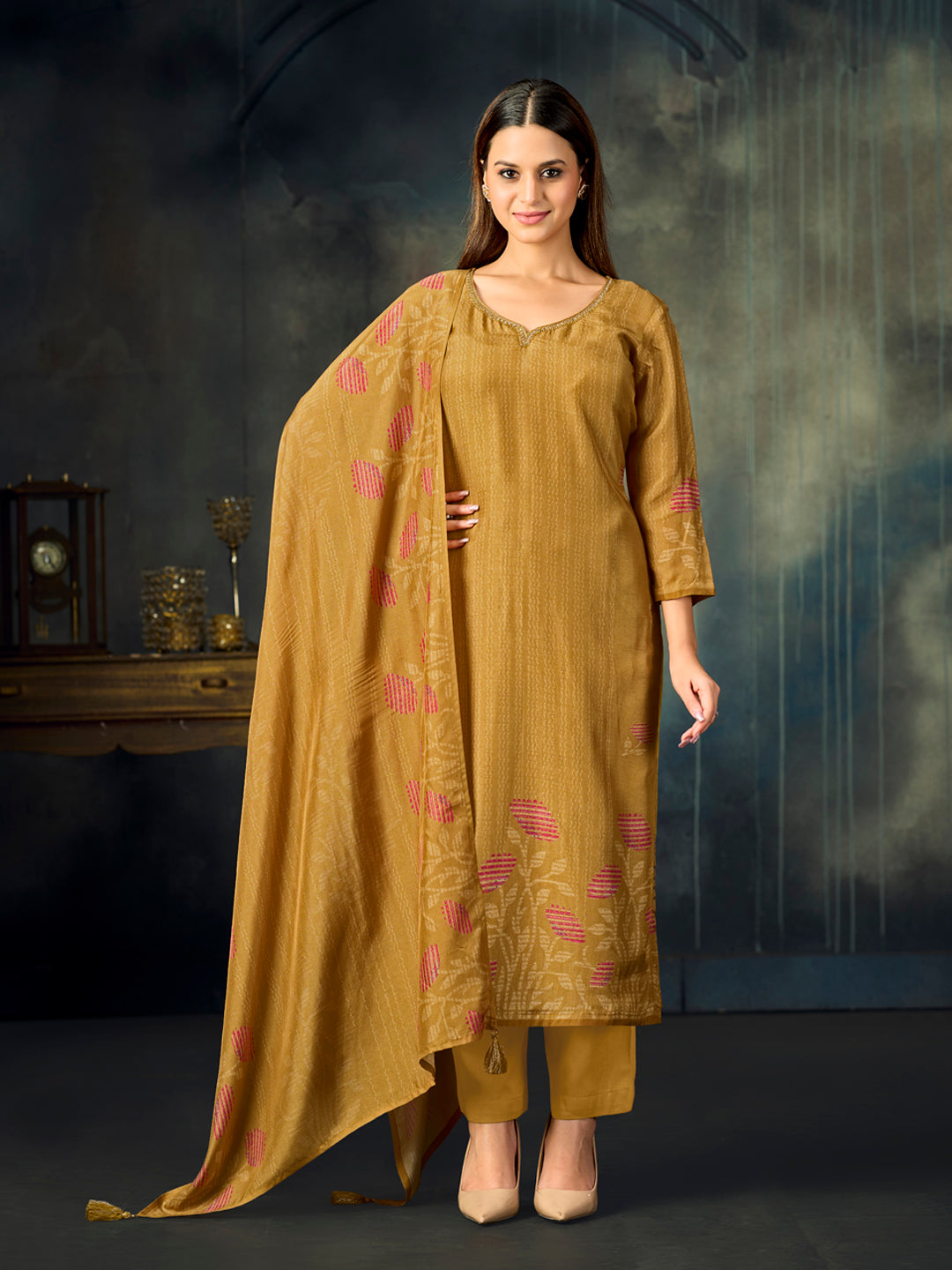 Mustard Printed With Handwork Straight Kurta With Dyed Trousers And Printed Dupatta
