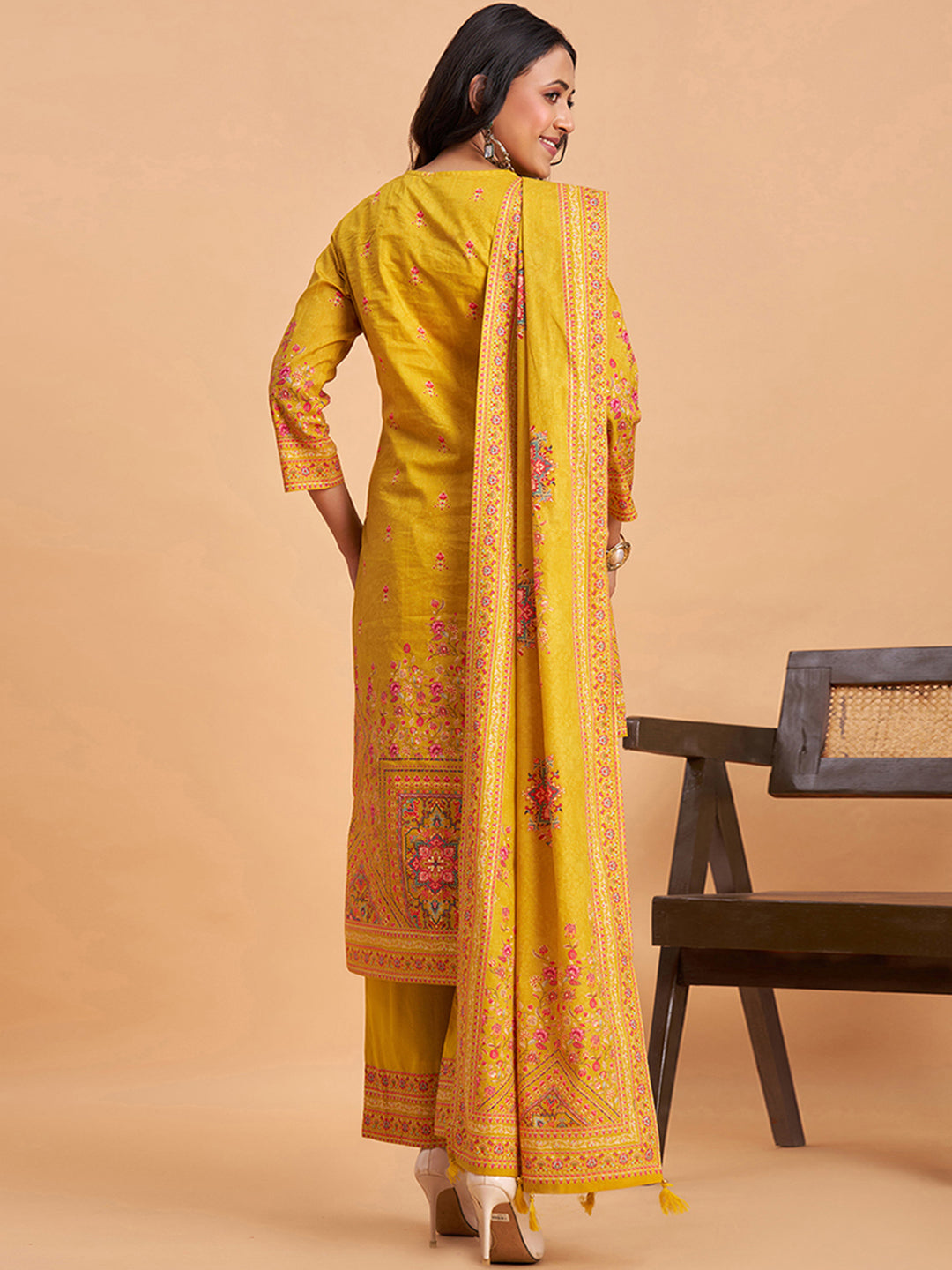 Women's Mustard Cotton Embroidered Kurta With Trousers And Dupatta Set