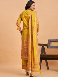 Women's Mustard Cotton Embroidered Kurta With Trousers And Dupatta Set