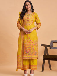 Women's Mustard Cotton Embroidered Kurta With Trousers And Dupatta Set