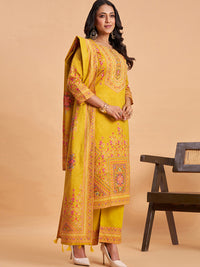 Women's Mustard Cotton Embroidered Kurta With Trousers And Dupatta Set