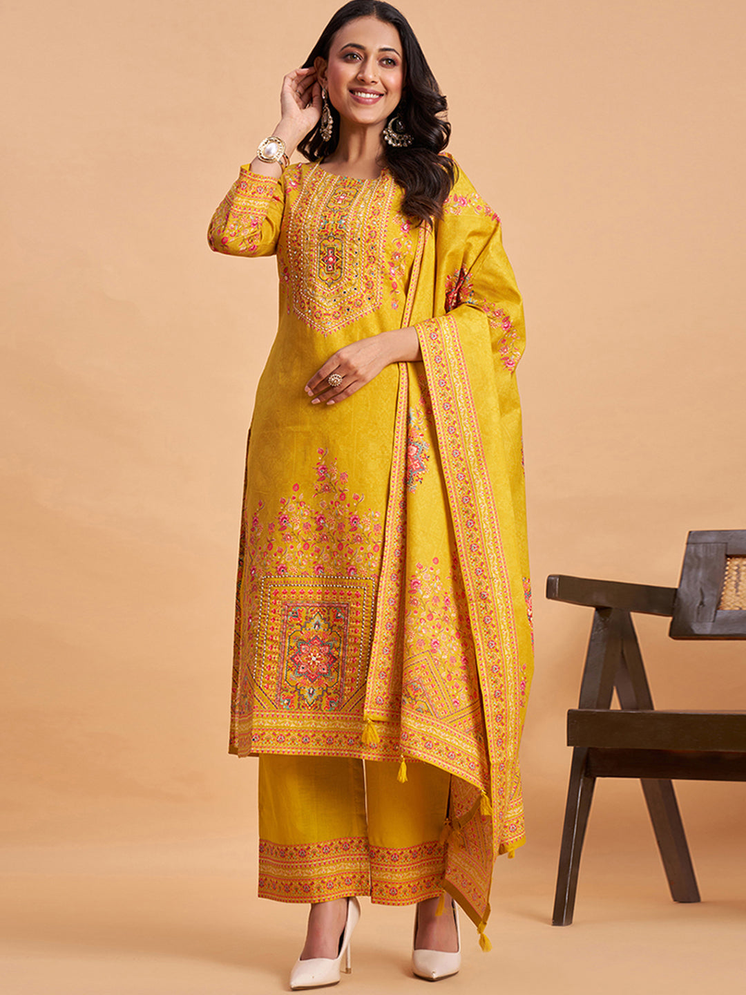 Women's Mustard Cotton Embroidered Kurta With Trousers And Dupatta Set