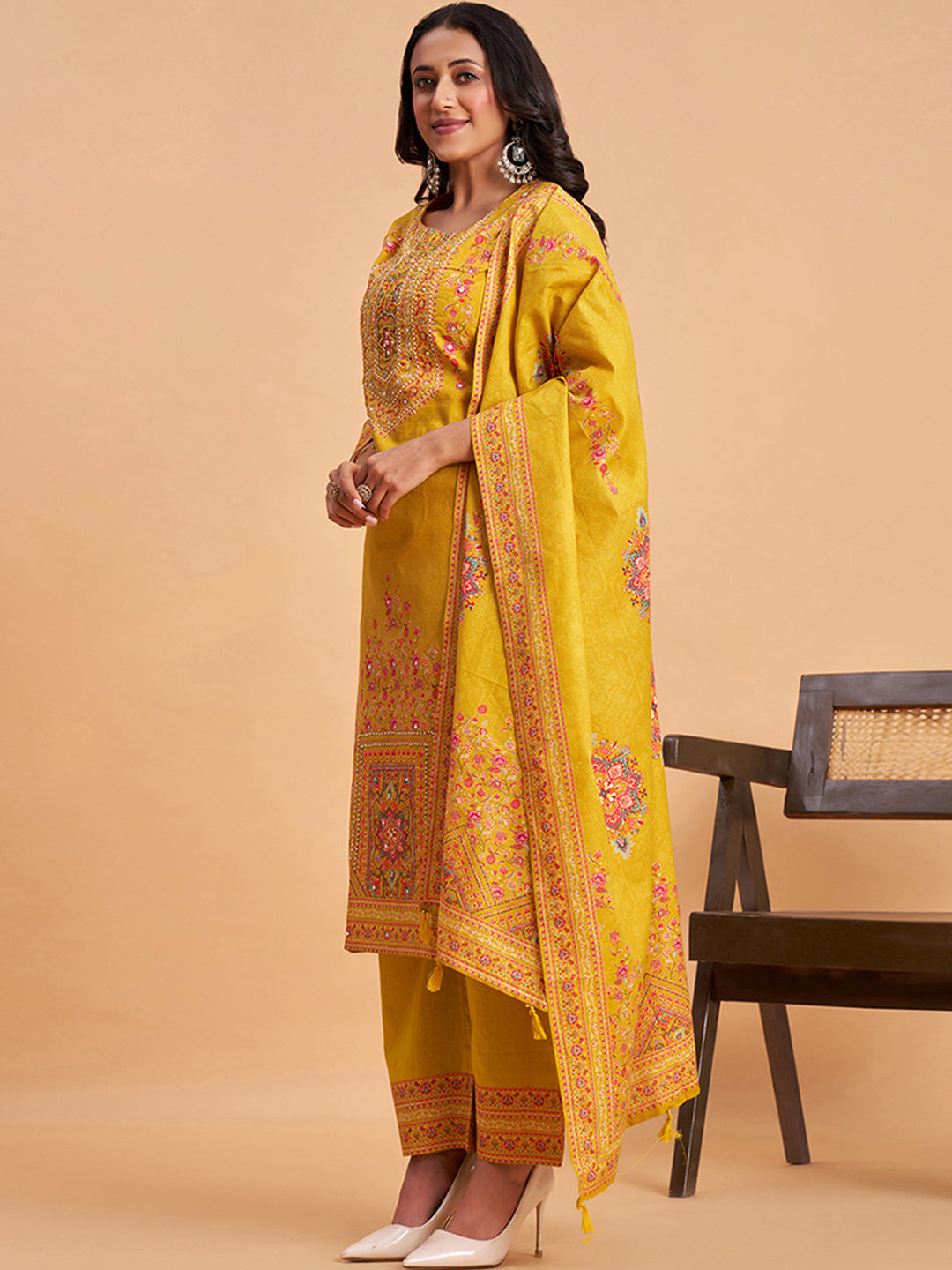 Women's Mustard Cotton Embroidered Kurta With Trousers And Dupatta Set