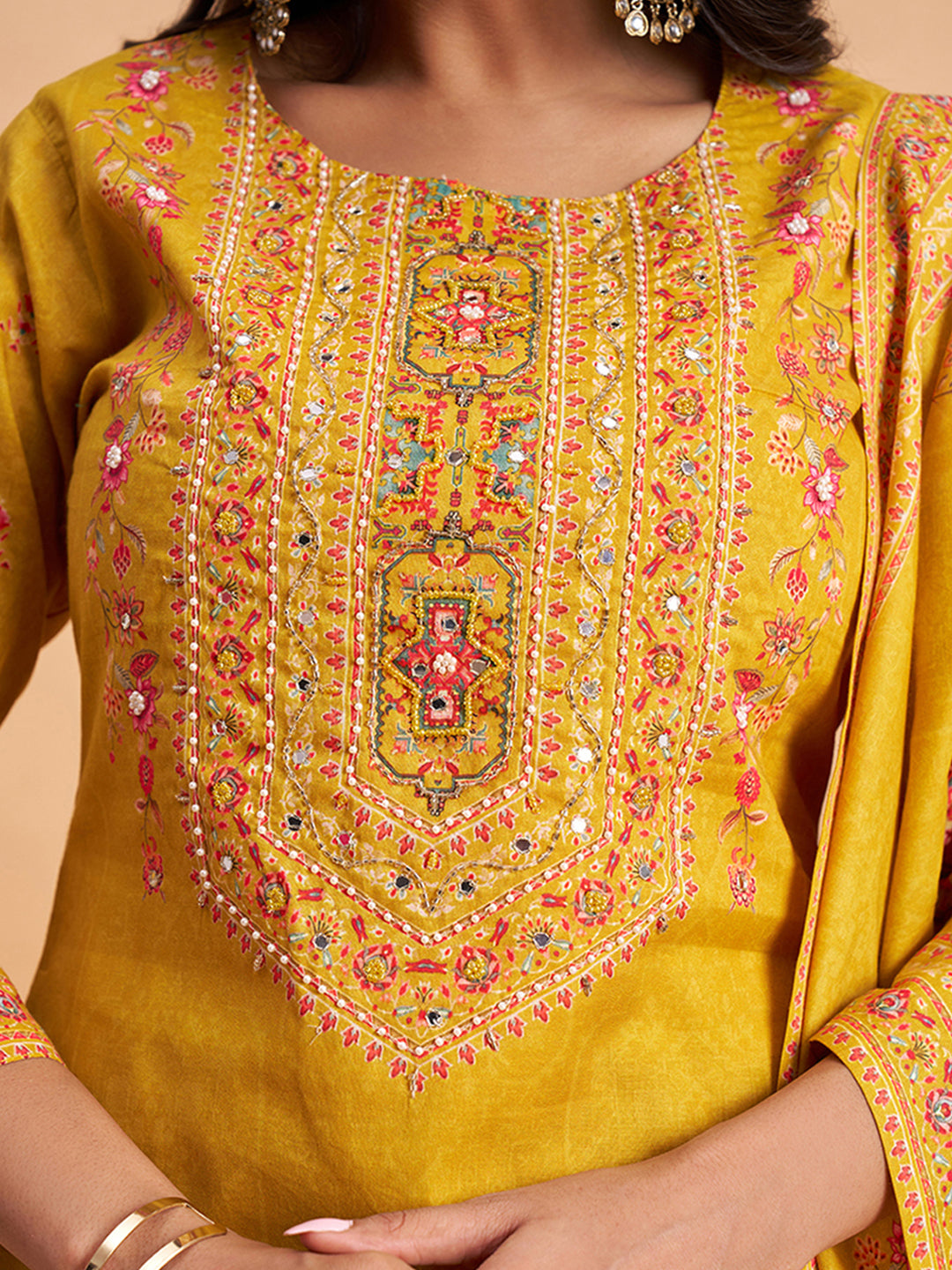 Women's Mustard Cotton Embroidered Kurta With Trousers And Dupatta Set