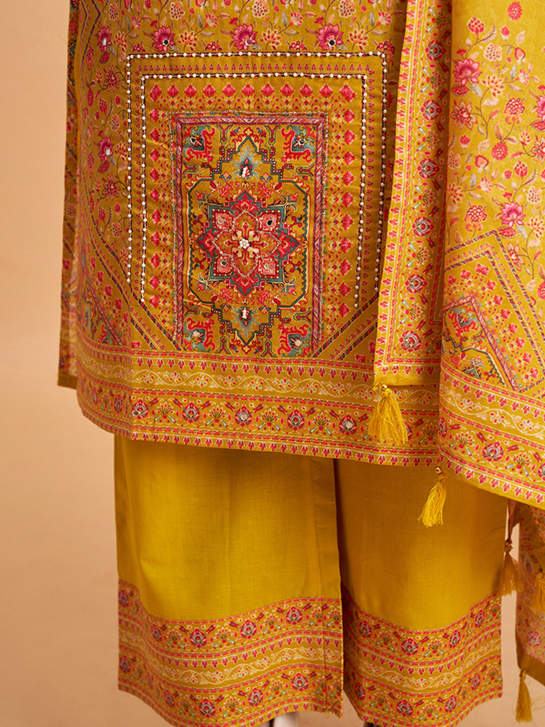 Women's Mustard Cotton Embroidered Kurta With Trousers And Dupatta Set