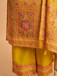Women's Mustard Cotton Embroidered Kurta With Trousers And Dupatta Set