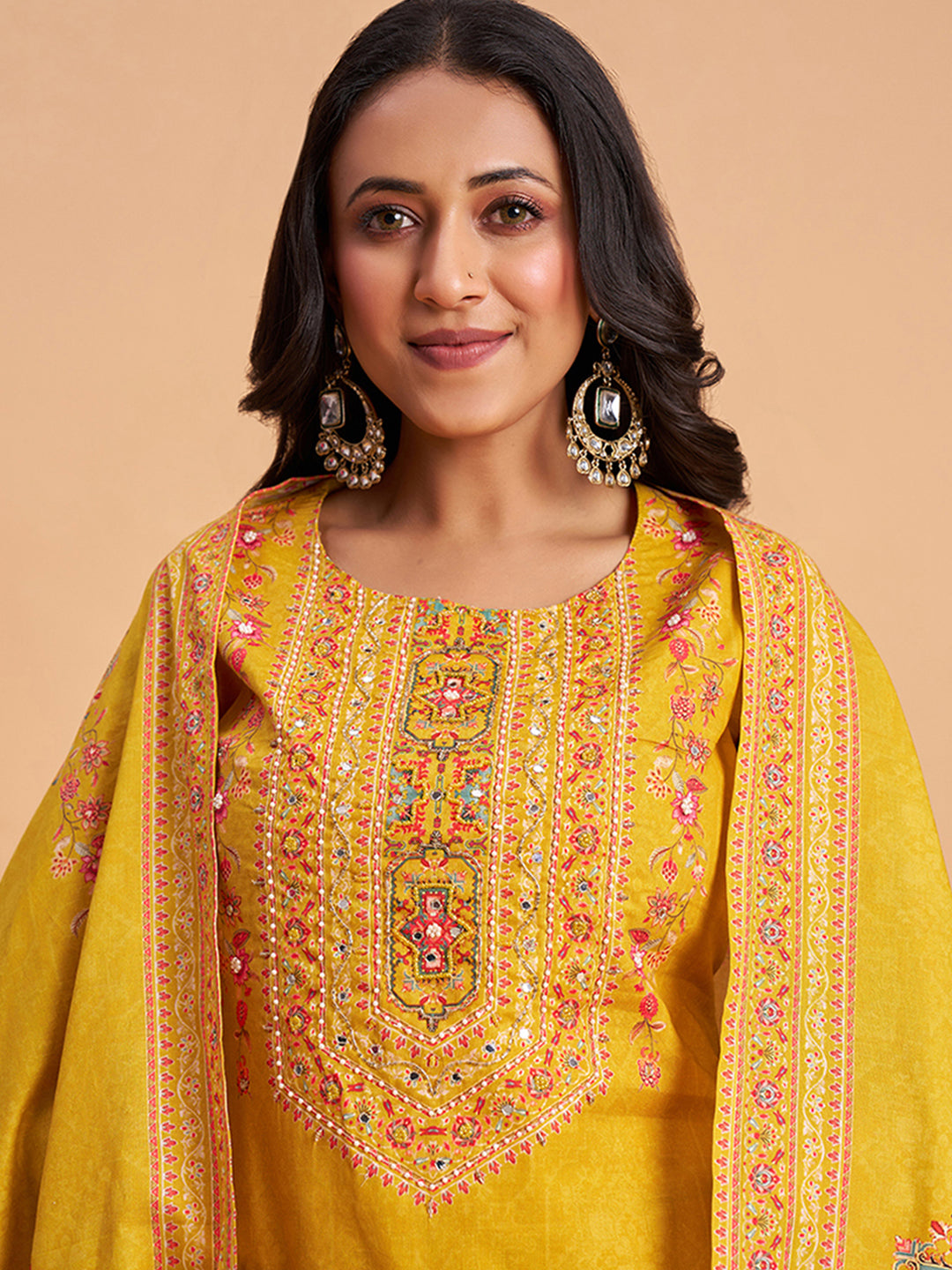 Women's Mustard Cotton Embroidered Kurta With Trousers And Dupatta Set