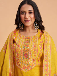 Women's Mustard Cotton Embroidered Kurta With Trousers And Dupatta Set