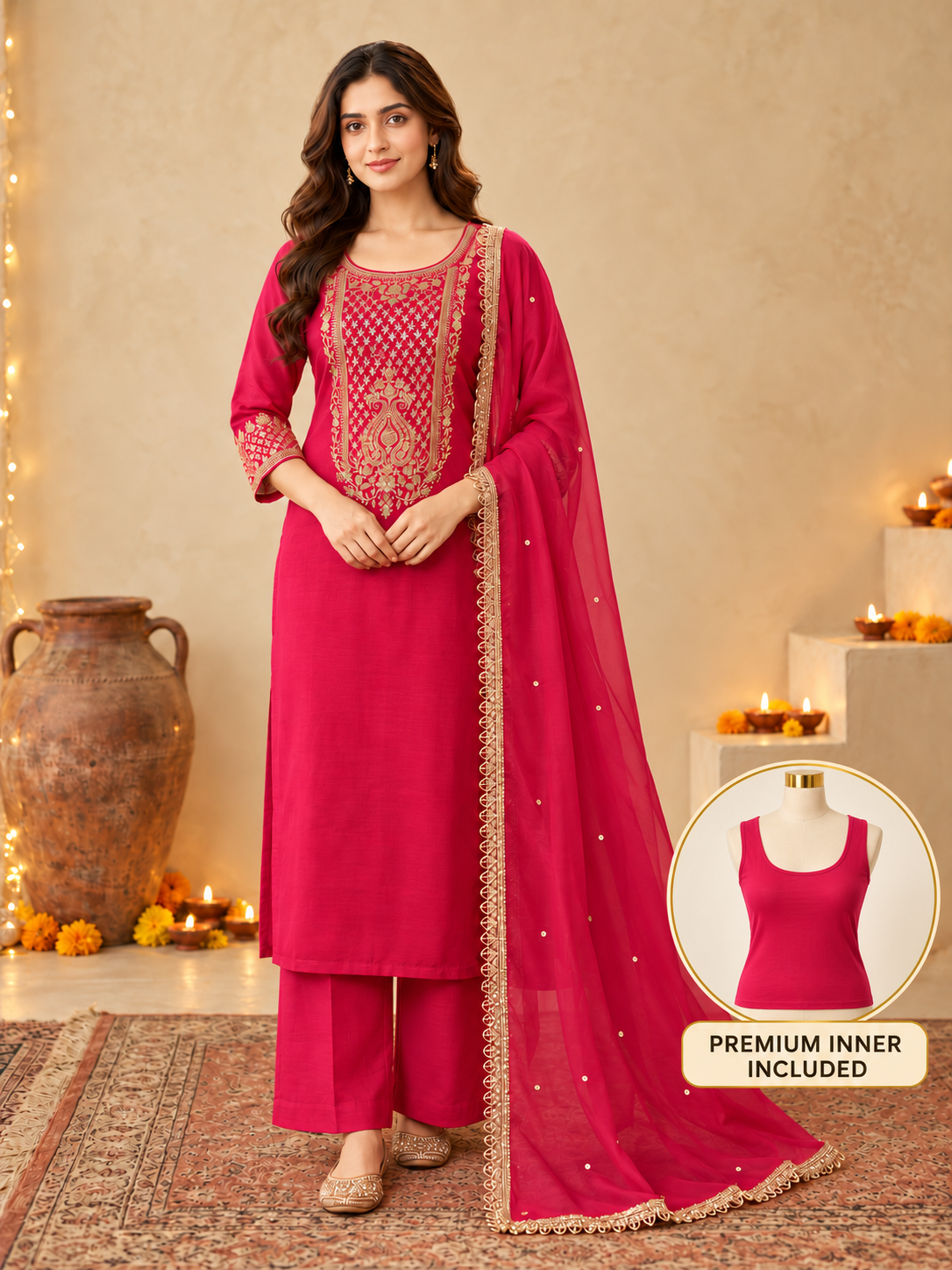 Rani Pink Silk Blend Golden Embroidered Kurta Trouser Set with Dupatta & Inner