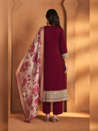 Women's Maroon Chanderi silk Embellished Kurta with Trouser and Dupatta