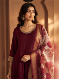 Women's Maroon Chanderi silk Embellished Kurta with Trouser and Dupatta