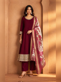 Women's Maroon Chanderi silk Embellished Kurta with Trouser and Dupatta
