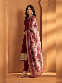 Women's Maroon Chanderi silk Embellished Kurta with Trouser and Dupatta