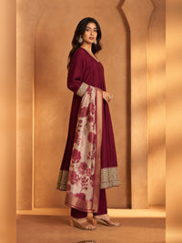 Women's Maroon Chanderi silk Embellished Kurta with Trouser and Dupatta