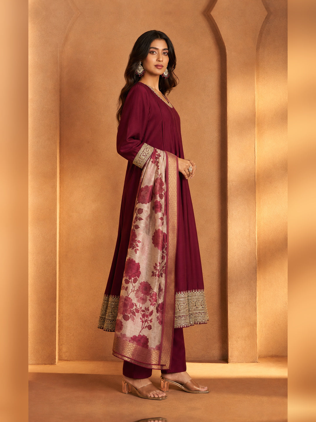 Women's Maroon Chanderi silk Embellished Kurta with Trouser and Dupatta