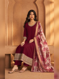 Women's Maroon Chanderi silk Embellished Kurta with Trouser and Dupatta