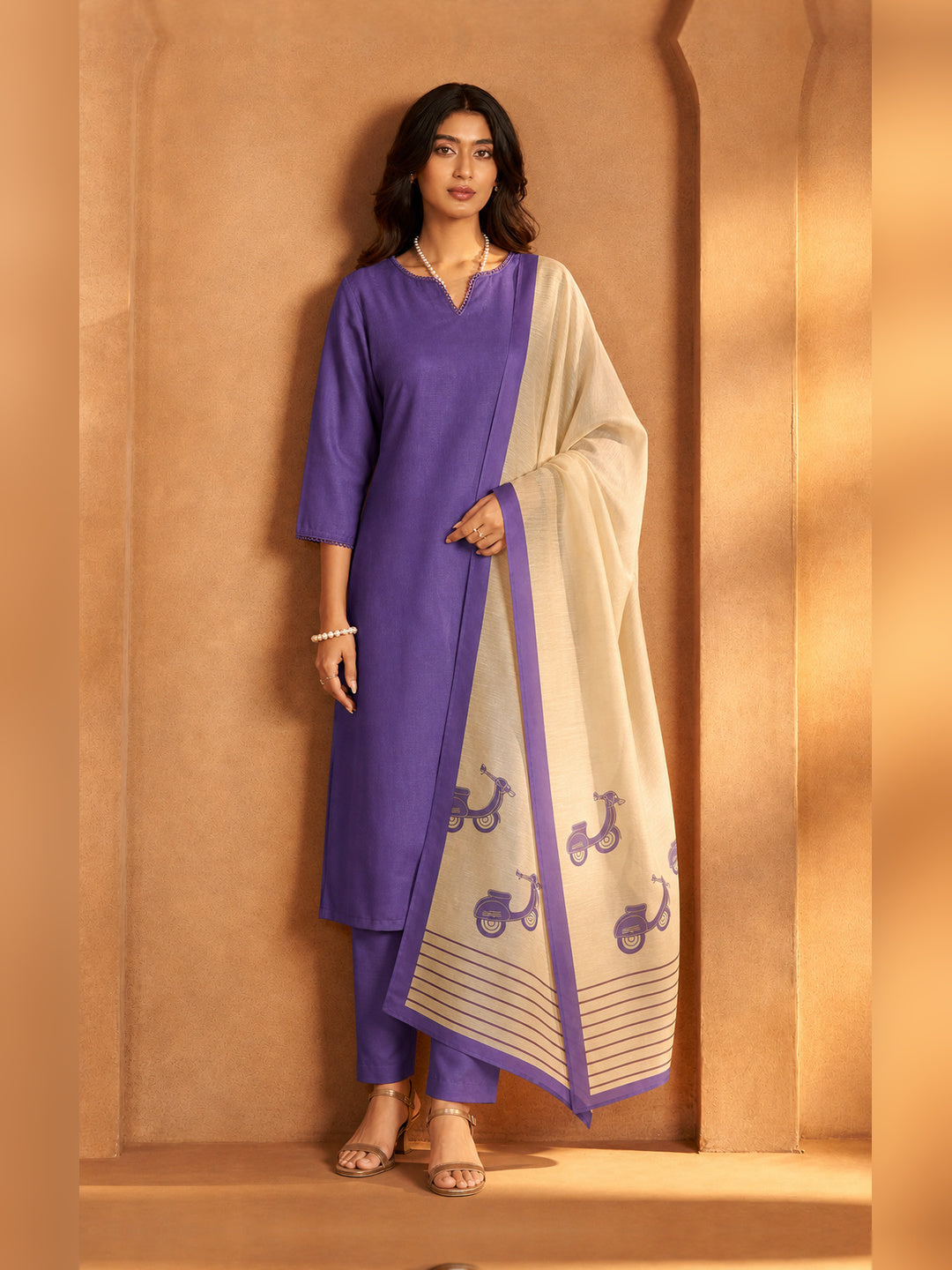 Women's Purple Chanderi silk Embellished Kurta with Trouser and Dupatta