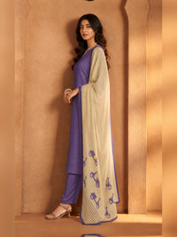 Women's Purple Chanderi silk Embellished Kurta with Trouser and Dupatta