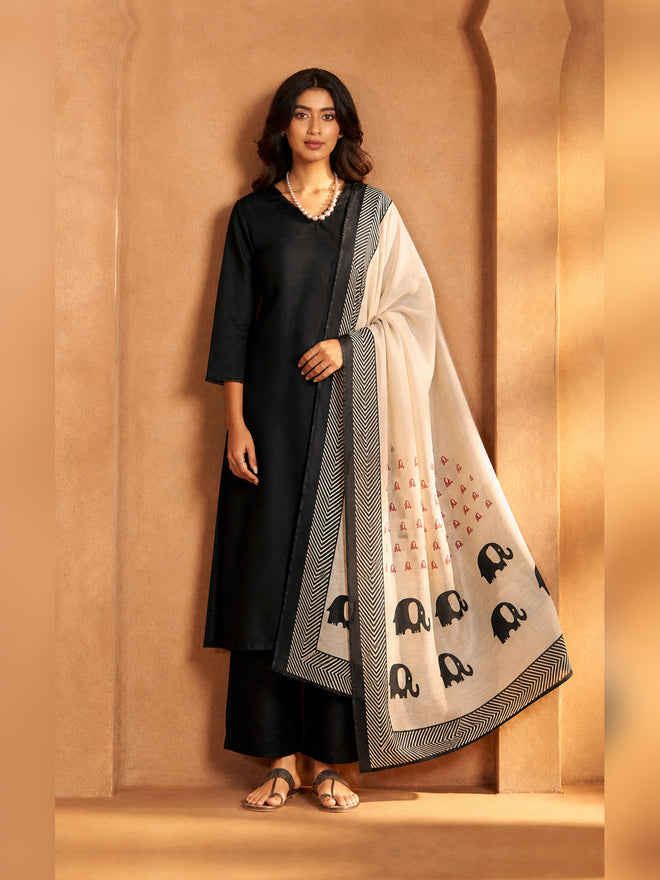 Women's Black Chanderi silk Embellished Kurta with Trouser and Dupatta