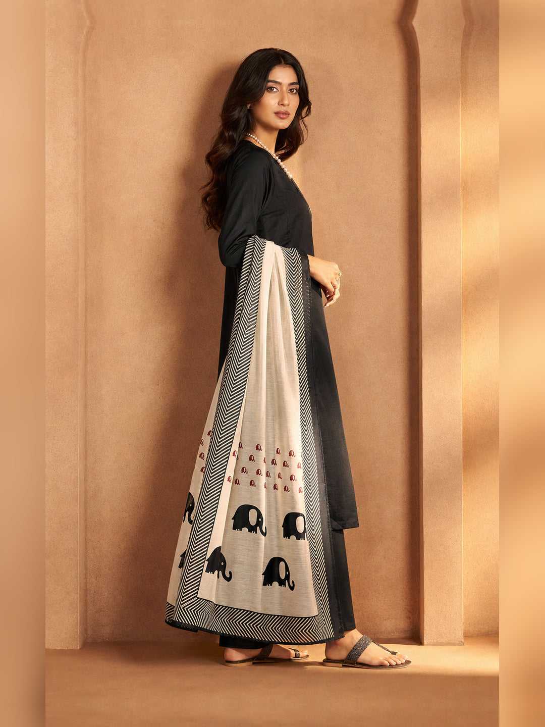 Women's Black Chanderi silk Embellished Kurta with Trouser and Dupatta