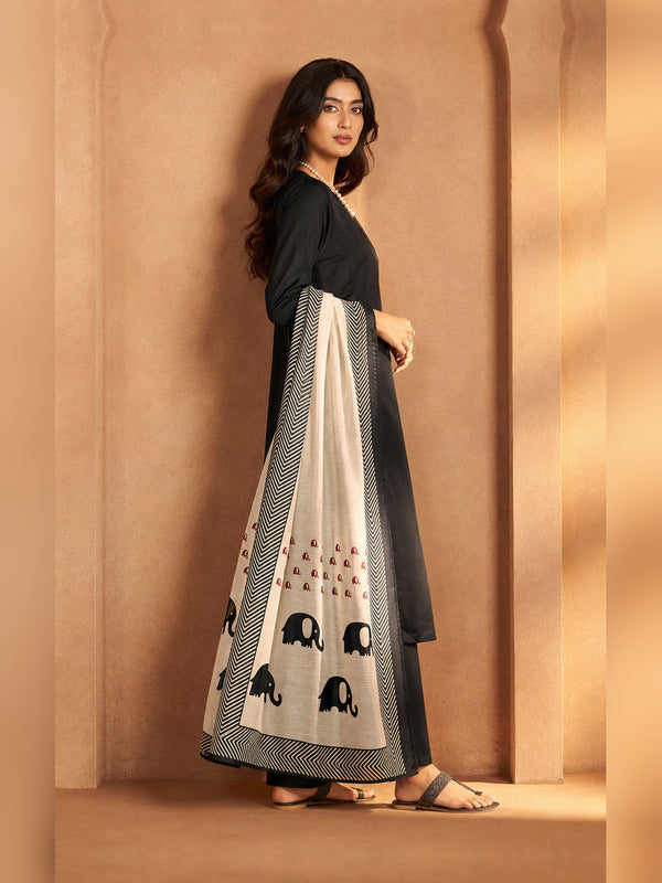 Women's Black Chanderi silk Embellished Kurta with Trouser and Dupatta