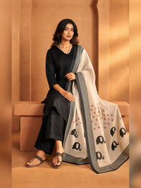 Women's Black Chanderi silk Embellished Kurta with Trouser and Dupatta