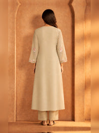 Women's Beige silk blend Embellished Kurta with Trouser and Dupatta