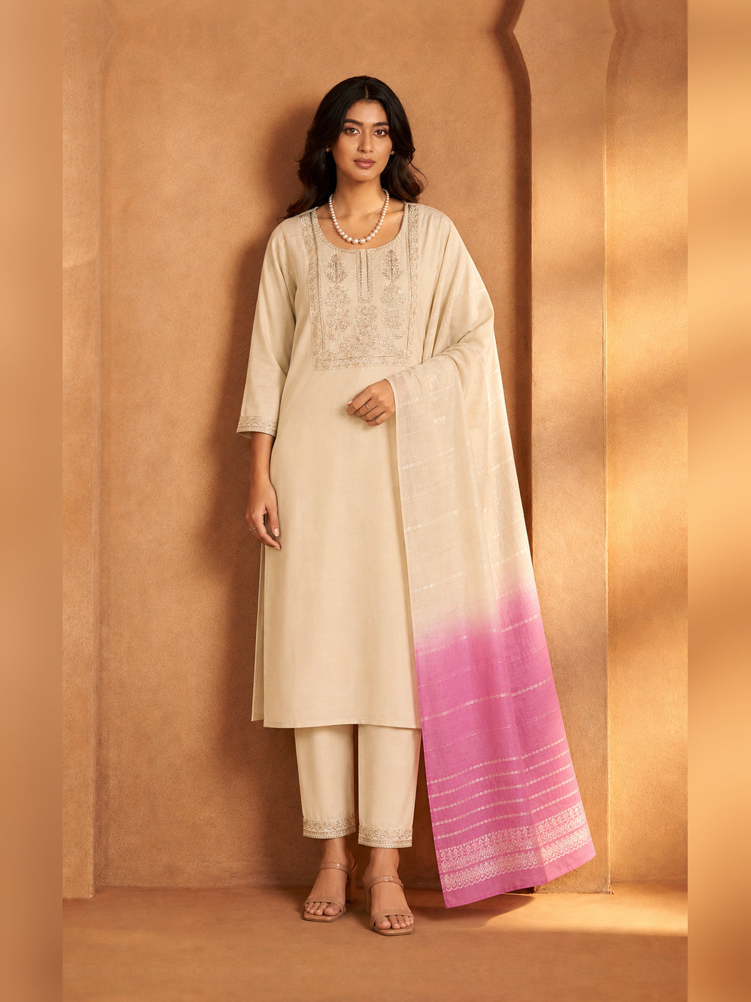 Women's Cream Chanderi silk Embellished Kurta with Trouser and Dupatta