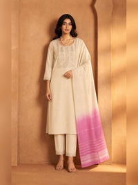 Women's Cream Chanderi silk Embellished Kurta with Trouser and Dupatta