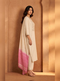 Women's Cream Chanderi silk Embellished Kurta with Trouser and Dupatta