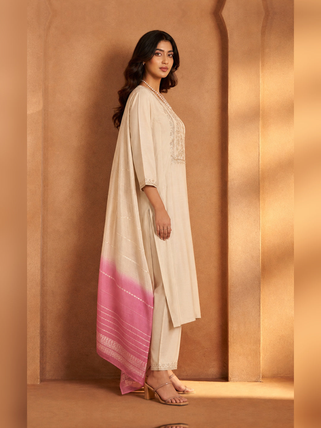 Women's Cream Chanderi silk Embellished Kurta with Trouser and Dupatta