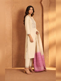 Women's Cream Chanderi silk Embellished Kurta with Trouser and Dupatta