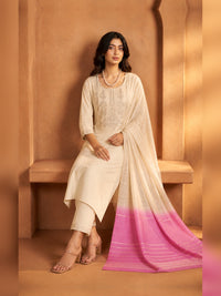 Women's Cream Chanderi silk Embellished Kurta with Trouser and Dupatta